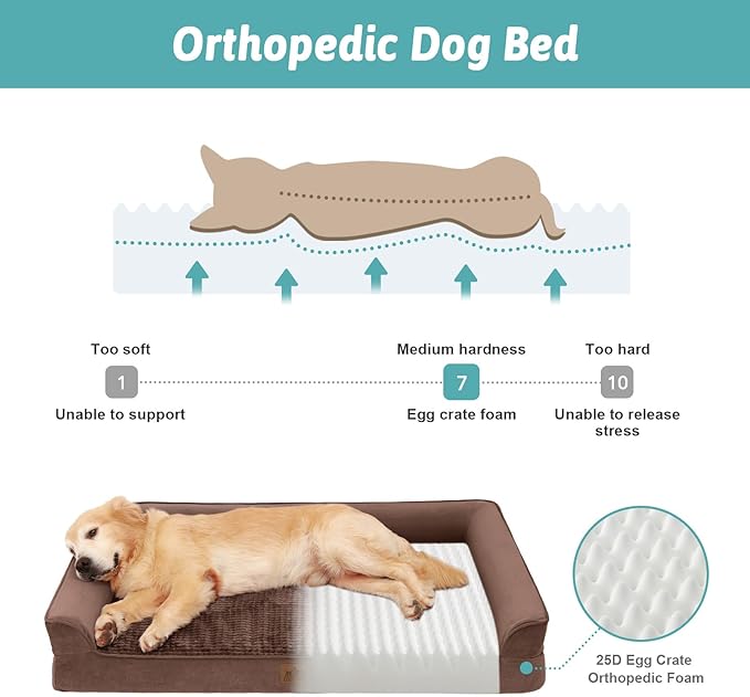 COZY KISS Dog Beds for Extra Large Dog, XXL Bolster Pet Couch with Waterproof Lining, Egg Crate Foam Sofa for Pets Up to 150 lbs, U-Shaped, 48x35x8 inch, Brown