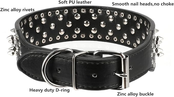 Hoot PU Leather Adjustable Spiked Studded Dog Collar 2" Wide 37 Spikes (M(Neck 19"-22"), Black)