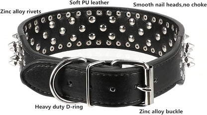 Hoot PU Leather Adjustable Spiked Studded Dog Collar 2" Wide 37 Spikes (M(Neck 19"-22"), Black)