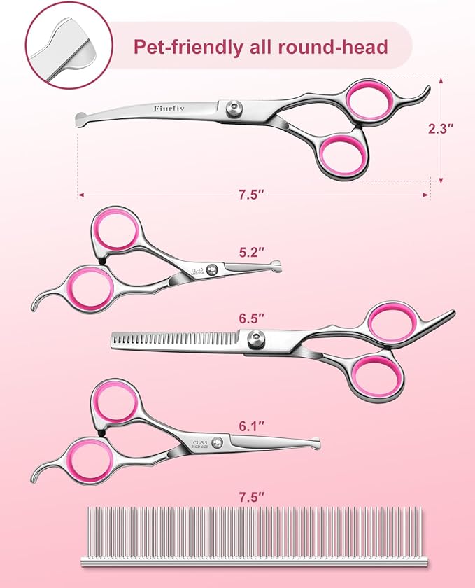 Fiurfiy Furry Professional Pet Grooming Scissors with Safety Round Heads - 6 in 1 Curved Scissors for Dogs and Cats