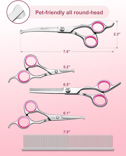 Fiurfiy Furry Professional Pet Grooming Scissors with Safety Round Heads - 6 in 1 Curved Scissors for Dogs and Cats