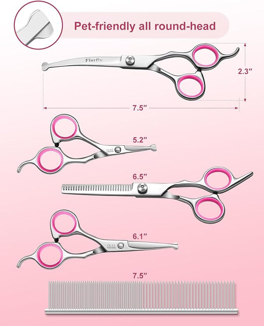 Fiurfiy Furry Professional Pet Grooming Scissors with Safety Round Heads - 6 in 1 Curved Scissors for Dogs and Cats