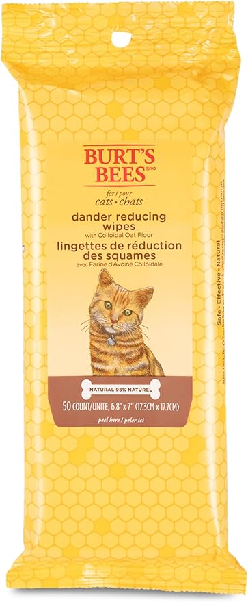Burt's Bees for Pets Cat Dander Remover Wipes with Colloidal Oat Flour - Pet Dander Remover Cat Wipes for Allergy Relief, Dry Skin Relief for Cats and Kittens, 50 Count