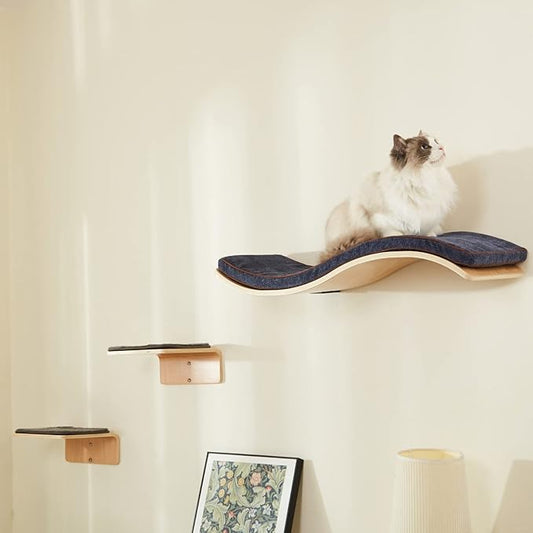 LIORCE Cat Wall Shelf with Two Steps - Wave Cat Shelves and Perches for Wall - Wall Mounted Cats Furniture for Sleeping, Playing, Climbing, and Lounging