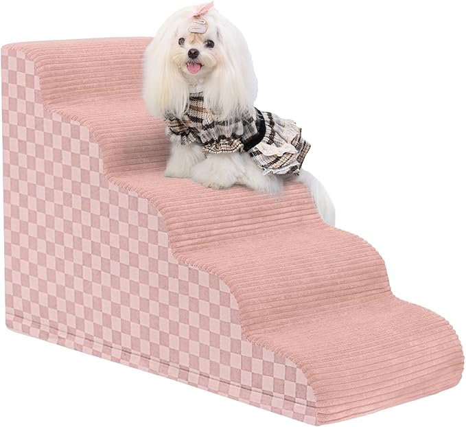 Dog Curved Stairs for High Beds 22" H, 5-Step Pet Stairs for Small Dogs with High Density Foam, Dog Slope Stairs with Durable Non-Slip Bottom Pink