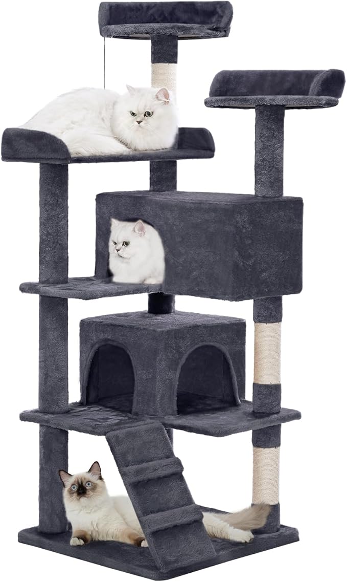 Made4Pets Cat Tree Tower 56in Cat Tower for Indoor Cats Kitten Tree Multi-Level Cat Tree with 2 Condo Furniture Activity Center with Scratching Posts Funny Toys Kittens Pet Play House, Grey