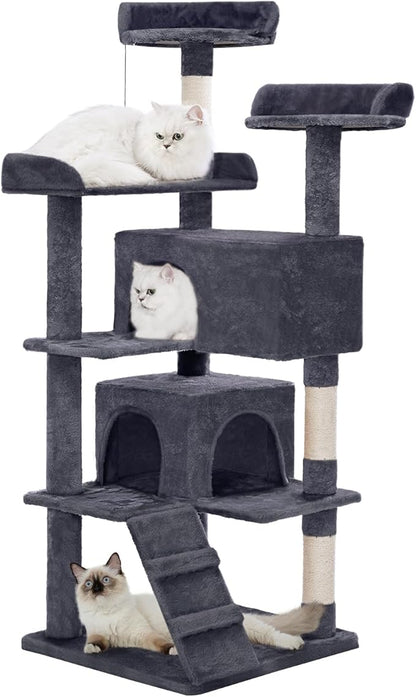 Made4Pets Cat Tree Tower 56in Cat Tower for Indoor Cats Kitten Tree Multi-Level Cat Tree with 2 Condo Furniture Activity Center with Scratching Posts Funny Toys Kittens Pet Play House, Grey