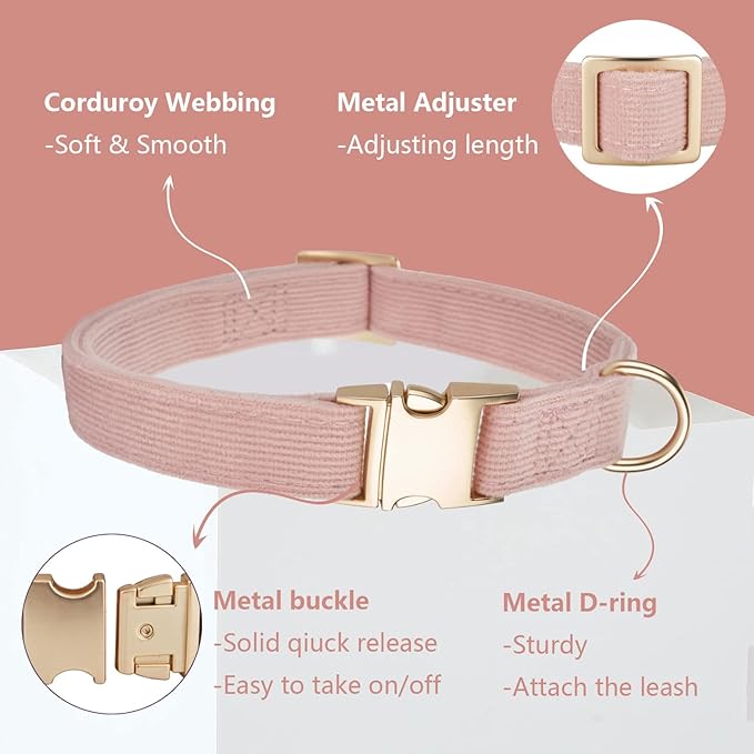 Ewinoom Soft Corduroy Dog Collar and Leash Set Adjustable Durable Dog Collars with Metal Buckle and Lead for Female Large Dogs,Baby Pink