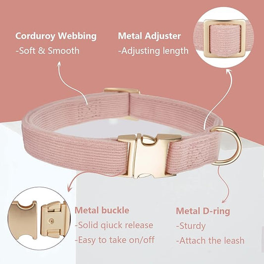 Ewinoom Soft Corduroy Dog Collar and Leash Set Adjustable Durable Dog Collars with Metal Buckle and Lead for Female Medium Dogs,Baby Pink