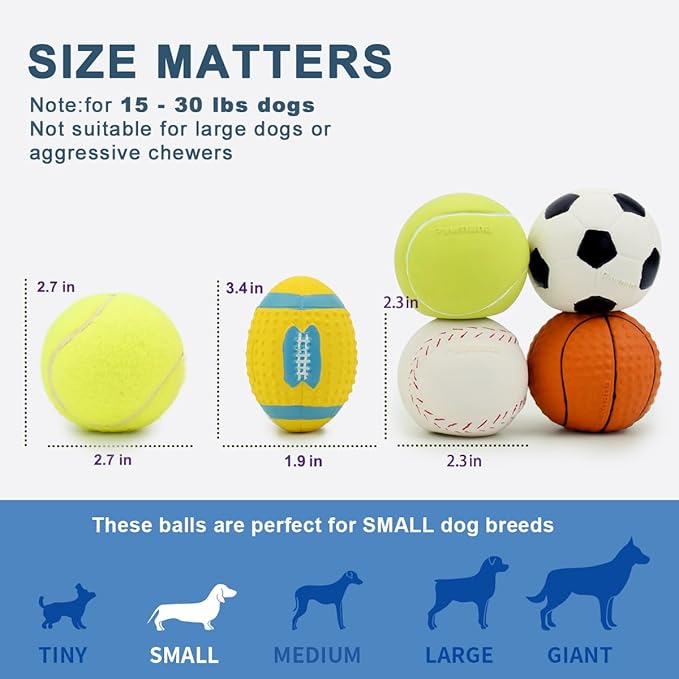 Pawdoer Squeaky Dog Ball, Soft Latex Rubber Squeaky Dog Toys for Small Dogs Puppies, Cute Squeak Toys Play Ball - Tennis, Soccer, Football, Basketball and Baseball