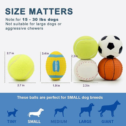 Pawdoer Squeaky Dog Ball, Soft Latex Rubber Squeaky Dog Toys for Small Dogs Puppies, Cute Squeak Toys Play Ball - Tennis, Soccer, Football, Basketball and Baseball