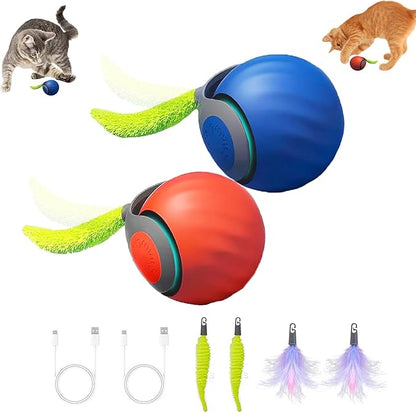 Yikuhot Interactive Cat Toys for Indoor Cats, 2Packs and 4 Tails Automatic Moving Cat Toys Ball,Cat Toy,Two Speed Tails Adjustment (Orange + Blue)