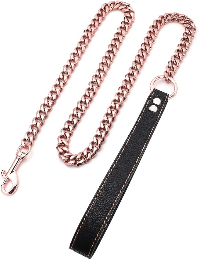 Rose Gold Dog Leash 15mm Cuban Link Chain Dog Leash Durable Stainless Steel Metal with Leather Handle for Small Medium Large Dogs 3FT/4FT/5FT(15mm,3ft)…