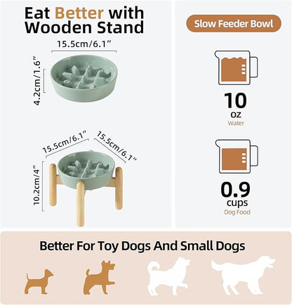 Ceramic 0.9 Cup Dog Raised Slow Feeder Set, Elevated Bowl with Wooden Stand for Small Dog, 6.1inch Pet Slow Feeder Dish for Fast Easters, Preventing Choking (Light Green, Single Bowl+ Stand)