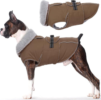 Lelepet Warm Dog Coats for Large Dogs Waterproof Dog Jacket Reflective Pet Fleece Vest Windproof Cold Weather Coats with Adjustable Buckle & Leash Hole, Brown, L