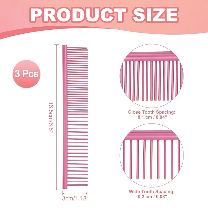 PETAXCELL Dog Cat Comb, Pet Combs Stainless Steel Teeth with Rounded Ends for Knot Mat Loose Hair Removal, 6.5IN (Pink Coated, 3 Pack), Grooming Tool Intended for Long Curly Hair Pet