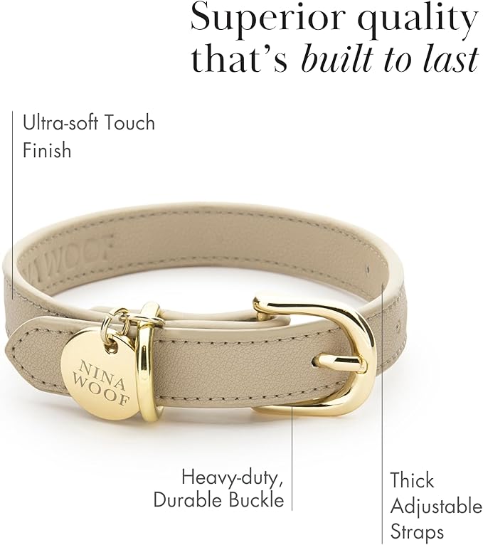 NINA WOOF Copenhagen Leather Dog Collar - Handmade with Vegan Soft Leather Round Padded Collar with Adjustable Buckle for Extra Small, Small, Medium, and Large Dogs - Color Beige, Medium