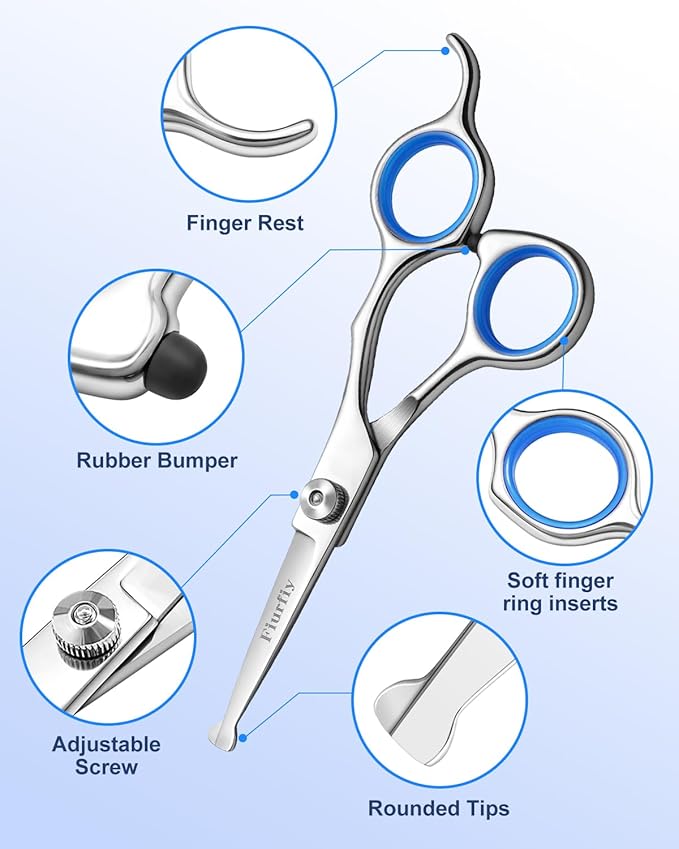 Fiurfiy 6-in-1 Dog Grooming Scissors - Professional Stainless Steel Hair Cutting Kit with Safety Rounded Tips, Ergonomic Soft-Grip Handles for Small & Large Dogs, Cats