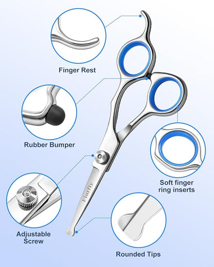 Fiurfiy 6-in-1 Dog Grooming Scissors - Professional Stainless Steel Hair Cutting Kit with Safety Rounded Tips, Ergonomic Soft-Grip Handles for Small & Large Dogs, Cats