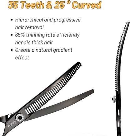 7.5inch Curved Chunker Dog Grooming Scissors, 35 Teeth Professional Dog Cutting Scissors, 25 Degree Bend High-end Shears for Pet Groomers or Family Use, with Symmetric Handle, Thinning Rate 65%, Black