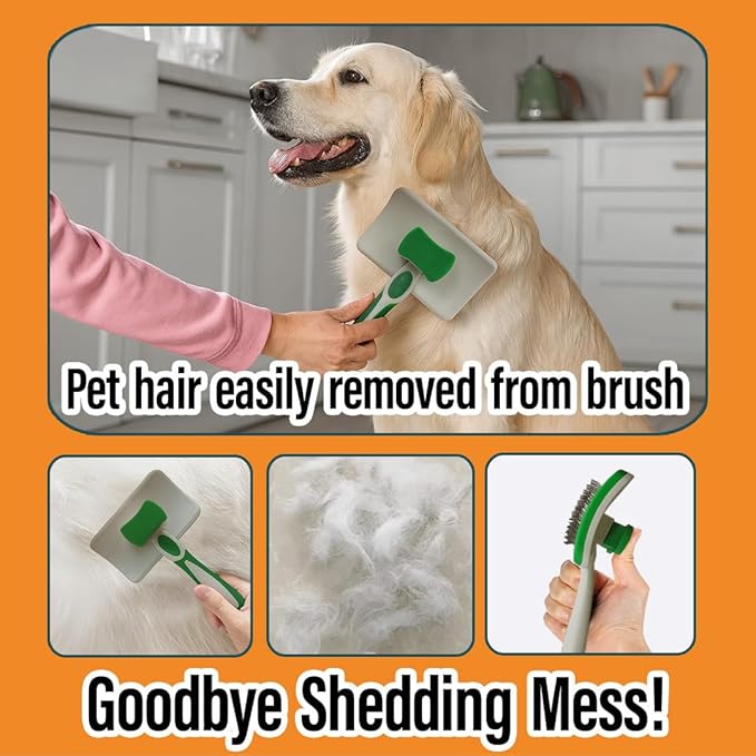 Woofs and Purs 2 Pcs Self Cleaning Slicker Brush & Bath Brush For Dogs and Cats - Skin Friendly Deshedding Dog Brush Suitable For Shedding & Haired Pets, Green