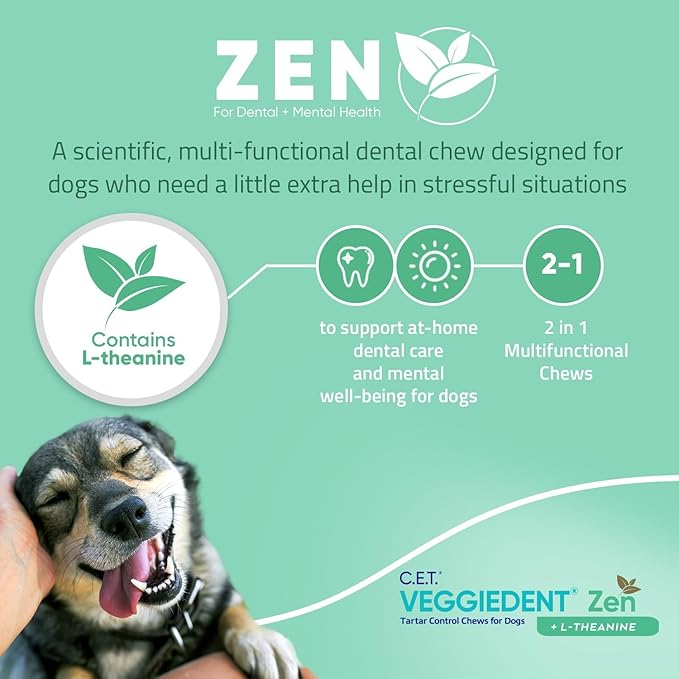 Virbac C.E.T. VEGGIEDENT Zen Tartar Control Chews for Dogs - Multifunctional to Support Mental Well-Being, VOHC Approved - Medium 22-66lbs