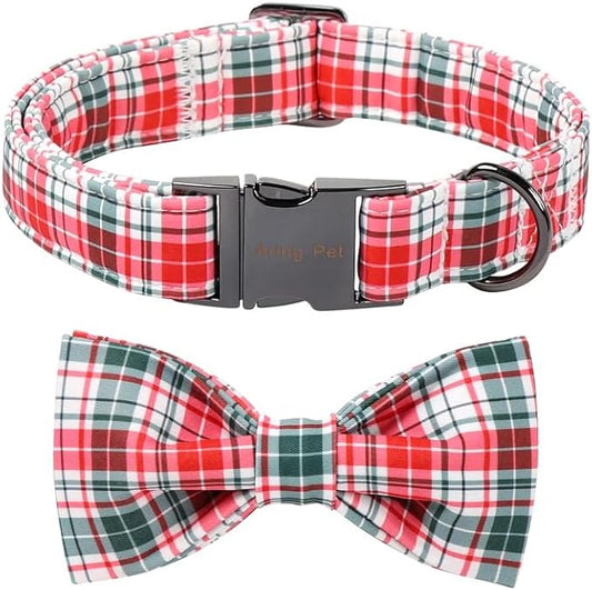ARING PET Christmas Dog Collar with Bow, Cute Xmas Red Green Plaid Bowtie Pet Collars for Puppy Small Medium Large Girl Boy Dogs-L