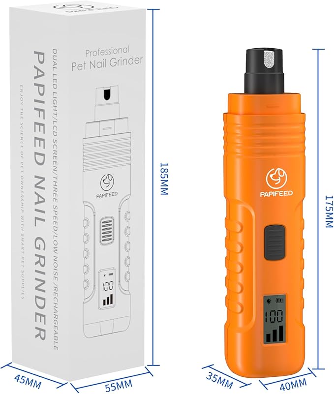 PAPIFFEED Dog Nail Grinder – Quiet Electric Nail Trimmer with Dual LED Light, Safe for Black & Thick Nails, Rechargeable for Small Medium Large Dogs & Cats (Orange)