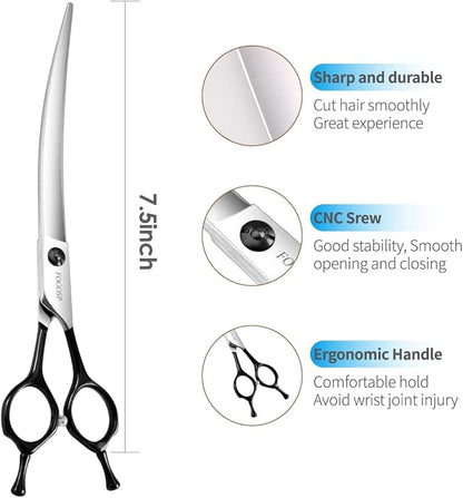FOGOSP Curved Dog Grooming Scissors Professional 7.5" Grooming Shears for Dogs Pet Right Handed Groomer Japan 440C Stainless Steel (7.5 in Curved,Black)