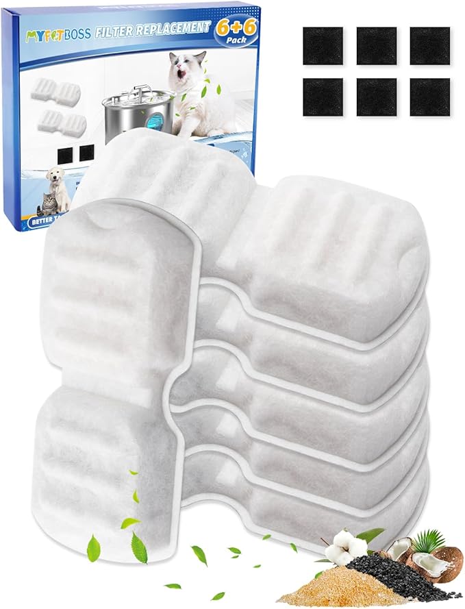 MyfatBOSS Cat Water Fountain Filters Compatible with 74oz/2.2L Compatible with 87oz/2.6L Stainless Steel Cat Water Fountains, 6 Carbon Filters + 6 Ultra-fine Fiber for Clean & Fresh