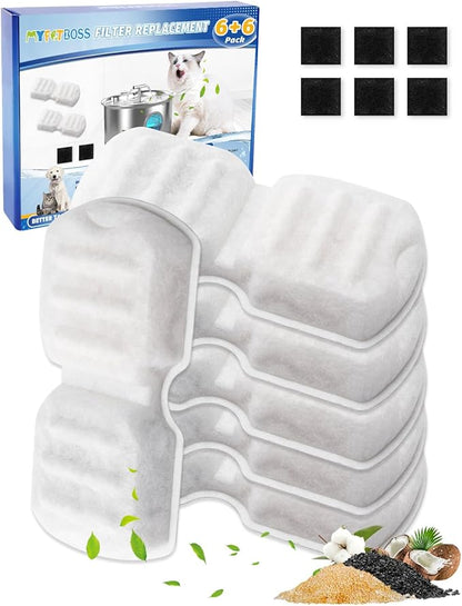 MyfatBOSS Cat Water Fountain Filters Compatible with 74oz/2.2L Compatible with 87oz/2.6L Stainless Steel Cat Water Fountains, 6 Carbon Filters + 6 Ultra-fine Fiber for Clean & Fresh