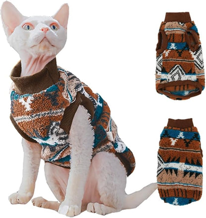Snixfever Sphynx Cat Clothes,Boho Style Cat Clothes for Fall Winter, 2-Legged Fleece Lined Warm Shirt, Soft Plush Sweater for Hairless Cats Devon Rex (Brown, Medium (3.5-5 lbs))