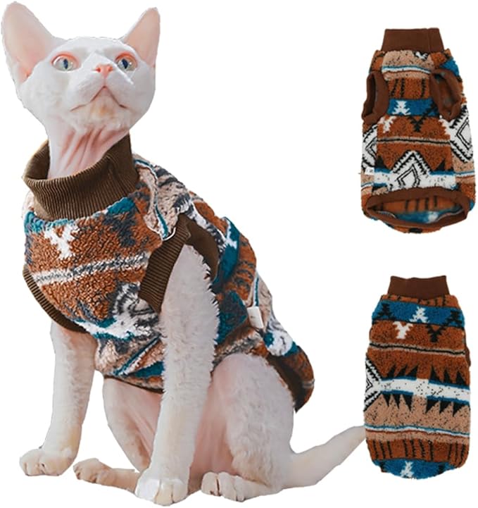 Snixfever Sphynx Cat Clothes,Boho Style Cat Clothes for Fall Winter, 2-Legged Fleece Lined Warm Shirt, Soft Plush Sweater for Hairless Cats Devon Rex (Brown, Large (5-6.5 lbs))