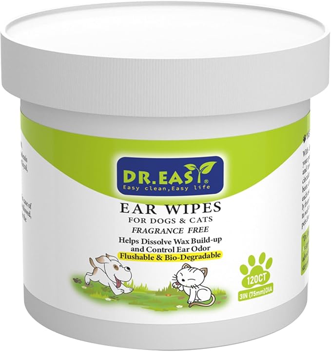 Dr.Easy Pet Ear Grooming Wipes 120ct for Dogs & Cats,Fragrance Free,Helps Dissolve Wax Build-Up and Control Ear Odor,flushable & Compostable,Stop Ear Itching,Natural Cleansing.