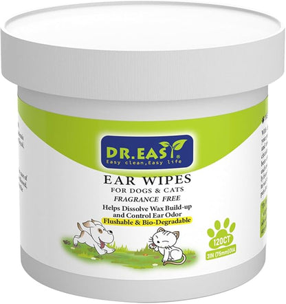 Dr.Easy Pet Ear Grooming Wipes 120ct for Dogs & Cats,Fragrance Free,Helps Dissolve Wax Build-Up and Control Ear Odor,flushable & Compostable,Stop Ear Itching,Natural Cleansing.