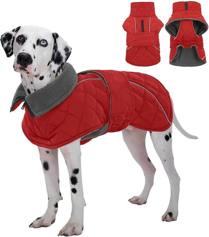 Kuoser Dog Coat, Super-Warm Dog Jacket Windproof Pet Cold Weather Coats for Extra Large Dogs, Fleece Lining Quilted Turtleneck Puppy Snowsuit Reflective Adjustable Doggie Winter Clothes, Red, 3XL