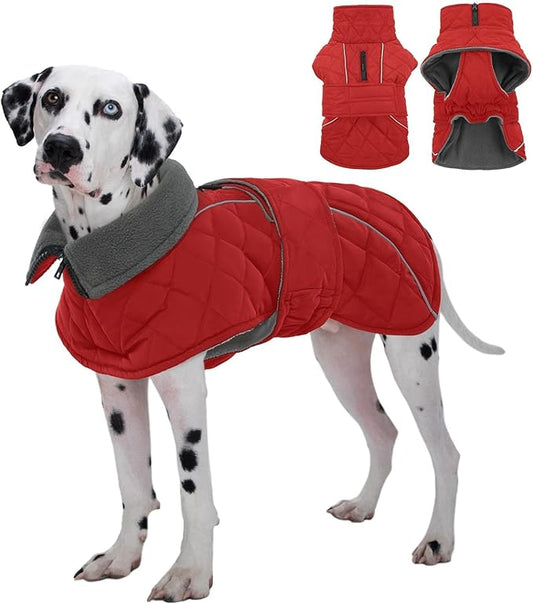 Kuoser Dog Coat, Super-Warm Dog Jacket Windproof Pet Cold Weather Coats for Extra Large Dogs, Fleece Lining Quilted Turtleneck Puppy Snowsuit Reflective Adjustable Doggie Winter Clothes, Red, 3XL