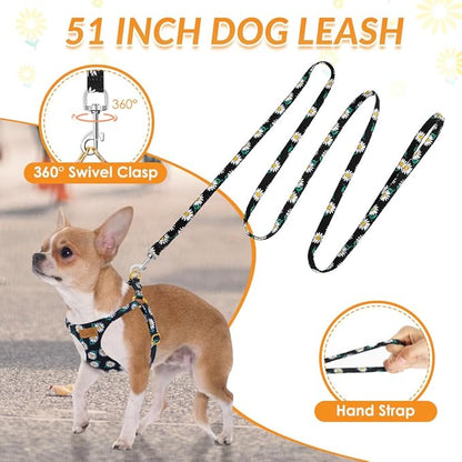 SlowTon No Pull Dog Harness with Leash - Soft Lightweight Floral Pattern Puppy Harness, Adjustable Pet Harness for Small Medium Dogs (Black Daisy M)