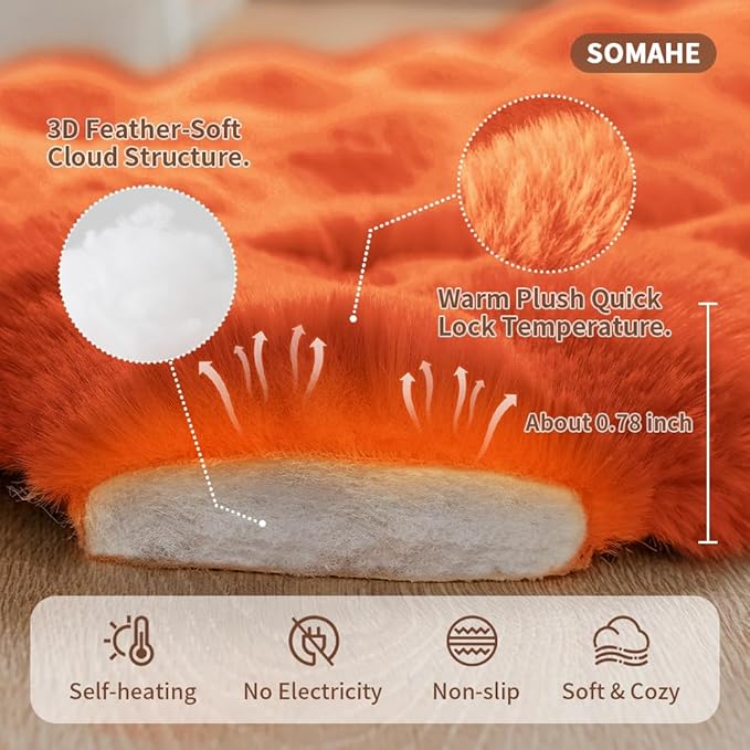 SOMAHE Self-Warming Dog Bed, Plush Faux Fur Mat with Anti-Slip Bottom, Ultra Soft Heated Pet Bed for Medium Large Dogs, Cozy Fluffy Pad for Carriers Couch Crate, Machine Washable, 35 x 27 Inch Orange