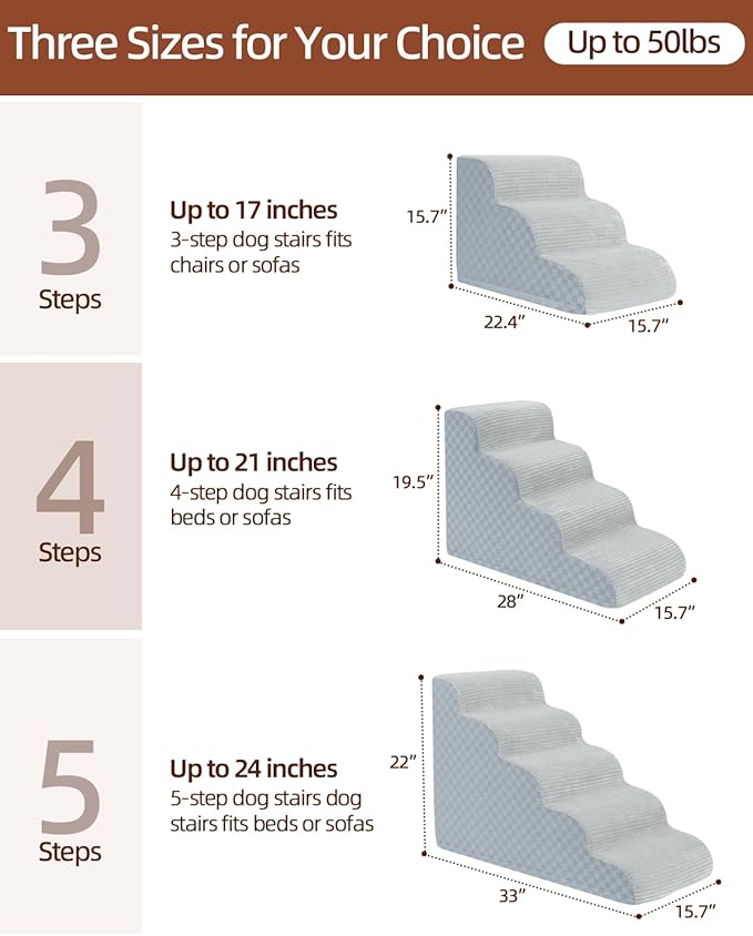 Dog Curved Stairs for High Beds 22" H, 5-Step Pet Stairs for Small Dogs with High Density Foam, Dog Slope Stairs with Durable Non-Slip Bottom Grey