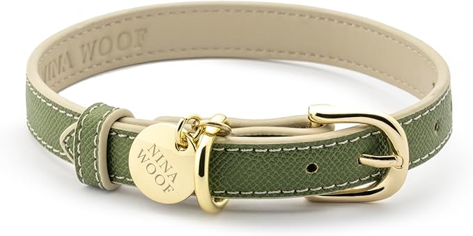 NINA WOOF Copenhagen Leather Dog Collar - Handmade with Vegan Soft Leather Round Padded Collar with Adjustable Buckle for Dogs - Color Olive, Small