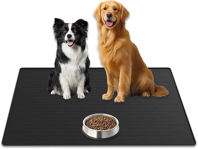31.8"x23.8" Extra Large Pet Food Mat, Silicone Dog Mats for Food and Water, XL Nonslip Pet Feeding Mats for Floors,Dog Cat Bowl Mat with Raised Edges, Black