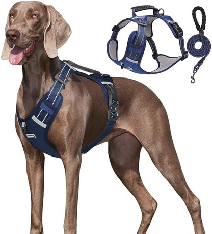 Dog Harness No Pull Adjustable Reflective,for Medium and Large Small Dog with Leash 59.06in (Dark Blue, L)