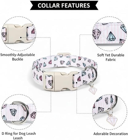 Pink Dog Collar, Cute Dog Collar with Diamond Pattern, Adjustable Soft Cute Collar for Medium Dogs, M