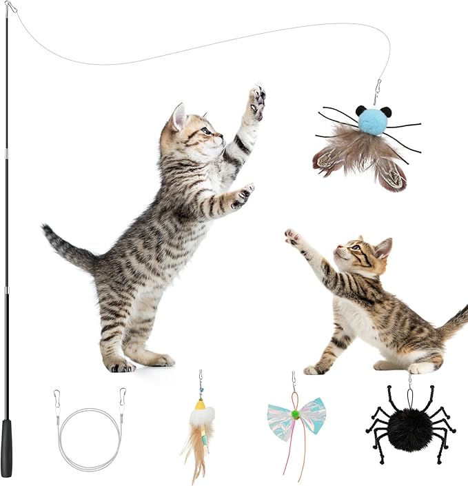 VavoPaw 4-in-1 Interactive Cat Toys for Indoor Cats, Retractable Cat Wand Toy with Feather, Crinkle Paper Refills, Kitten Toys Teaser Wand for Bored Indoor Adult Cats and Kittens