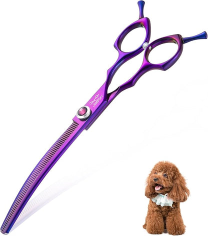 JASON 7.5" Dog Grooming Scissors - Professional Curved Thinning Shears for Grooming, Japanese 440C Stainless Steel Blender Shears with Diamond Adjustable Screw (65 Teeth, Purple) Christmas Gift