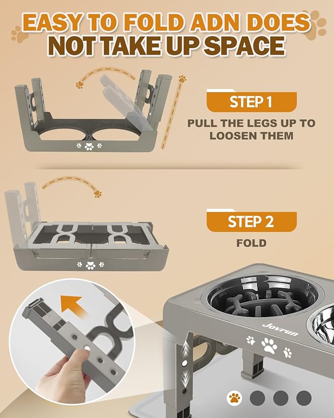 Elevated Dog Bowls, Dog Feeder with 1*Stainless Steel Dishes & 1*Slow Feeder Bowl, 5 Heights Adjustable Raised Stand for Medium Large, Food Dishes with Non-Slip Feet