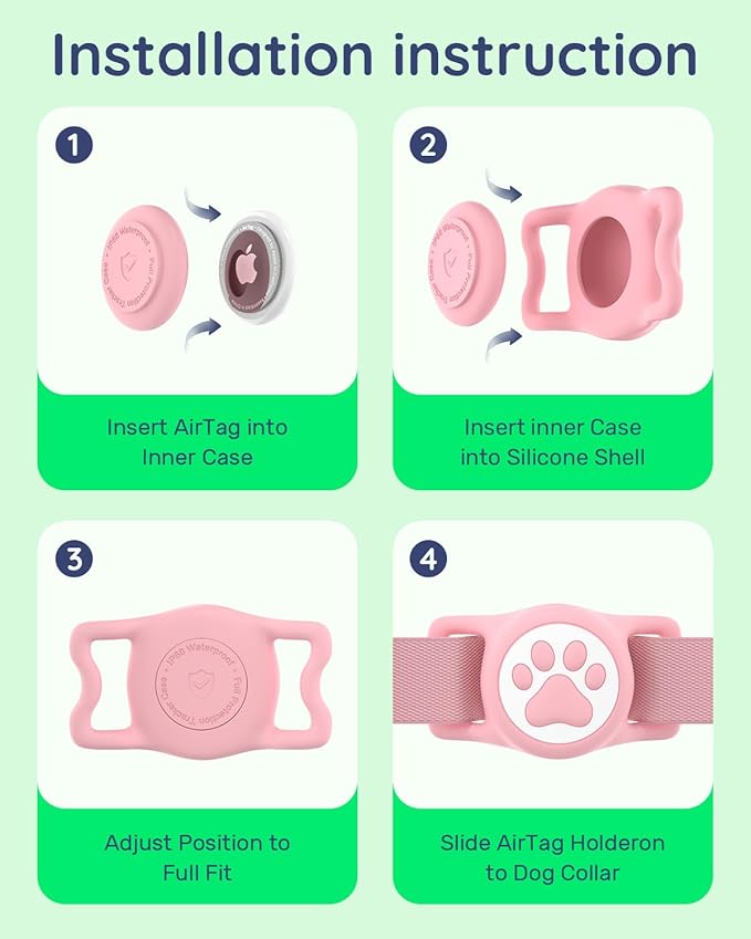 WhoseID IP68 Waterpoof Dog Airtag Holder, Stretchy Silicone Full Body Covered Apple Air Tag Holder for Dog Cat Collar Fit All Width Collar (Pink, 1 Pack)