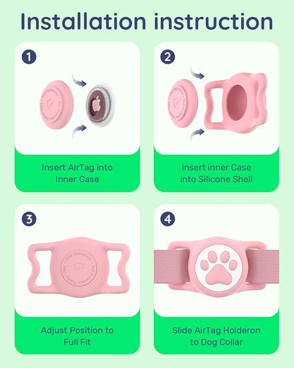 WhoseID IP68 Waterpoof Dog Airtag Holder, Stretchy Silicone Full Body Covered Apple Air Tag Holder for Dog Cat Collar Fit All Width Collar (Pink, 1 Pack)
