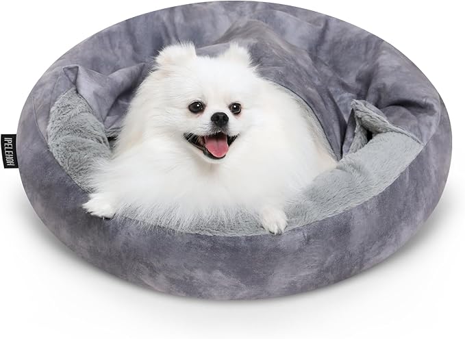 Cozy Soft Dog Bed with Hooded Blanket Warm Calming Cat Cave for Small Medium Dogs and Cats, Non-Slip Bottom & Machine Washable Pet Beds, Grey 23x23x6″